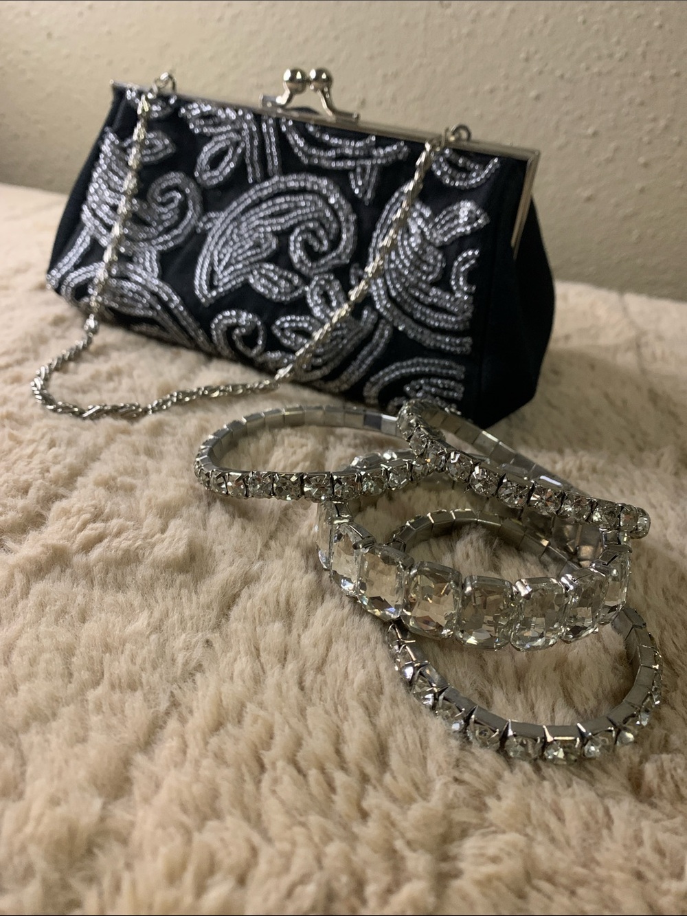 Valerie Stevens Black Beaded Silver Accent Evening Clutch